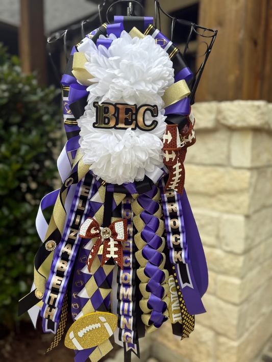 Double Homecoming Garter, Black, purple eand gold ribbon.