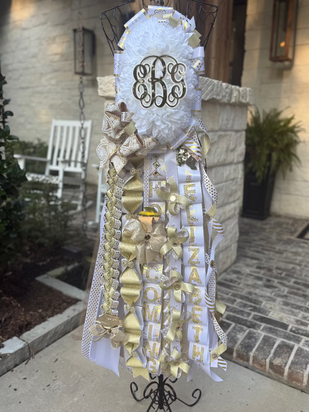 Double Homecoming Mum in white and gold. Senior Mum, Lake Creek High School