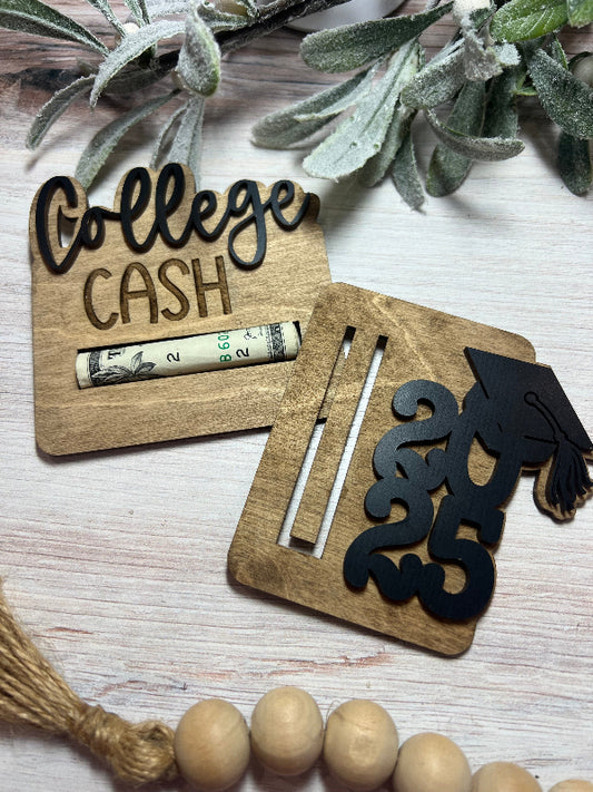 Wooden 'College Cash' with money and graduation cap design, surrounded by decorative elements on a light background.