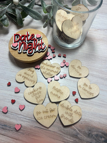 Wooden heart-shaped tokens with date ideas in a glass jar.