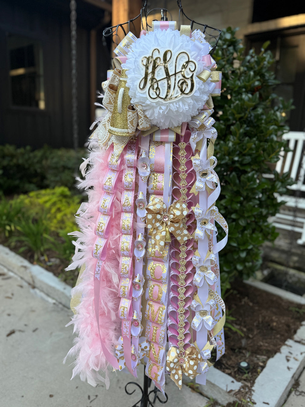 Single Deluxe Homecoming Mum in soft pink, white and gold.  Custom monogram and braids.