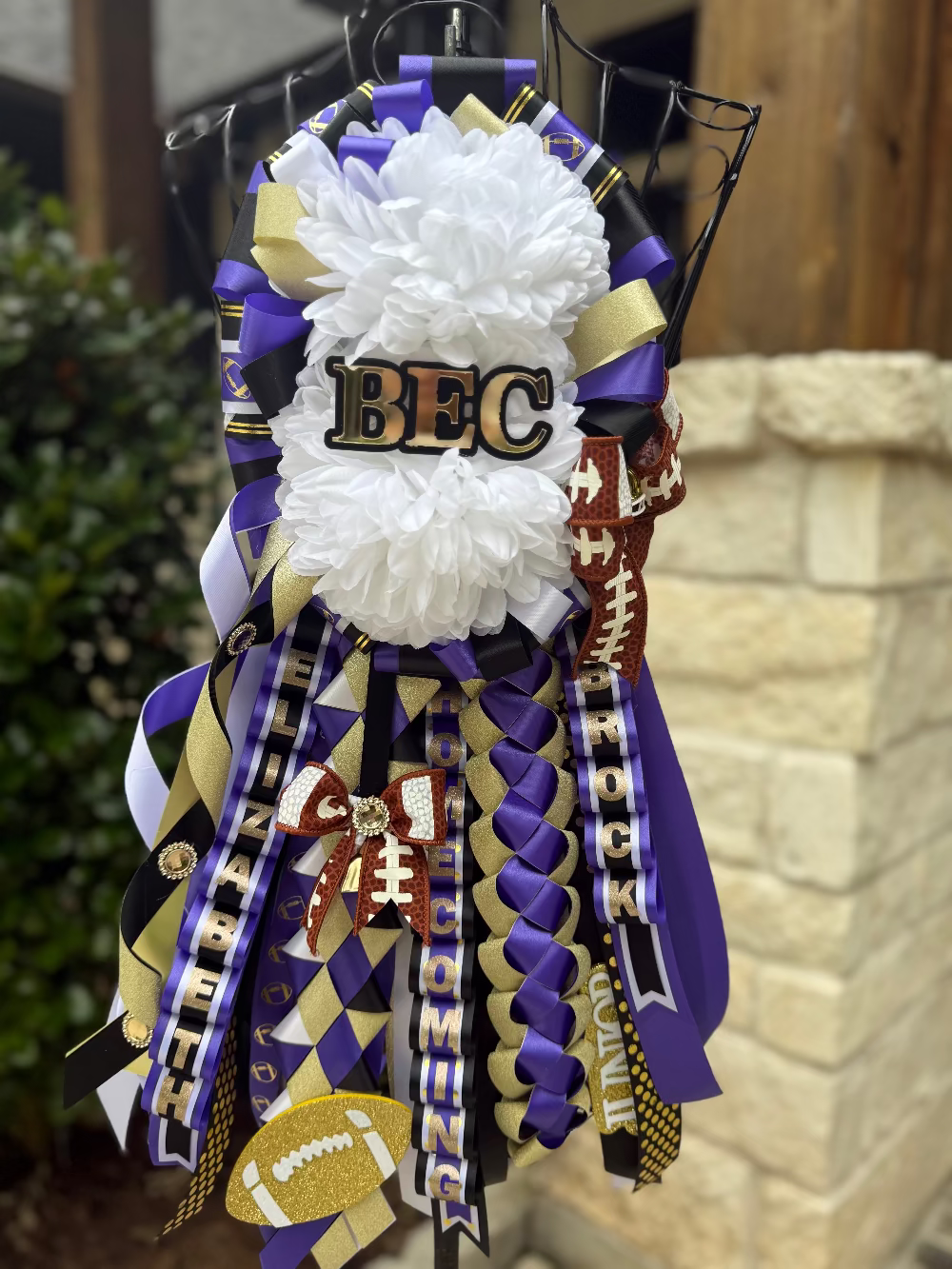 Double Homecoming Garter, Black, purple eand gold ribbon.