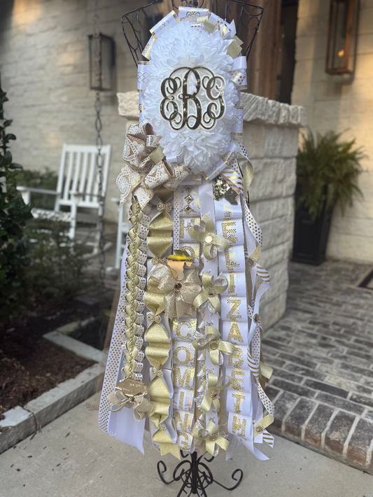 Double Homecoming Mum in white and gold.  Senior Mum, Lake Creek High School