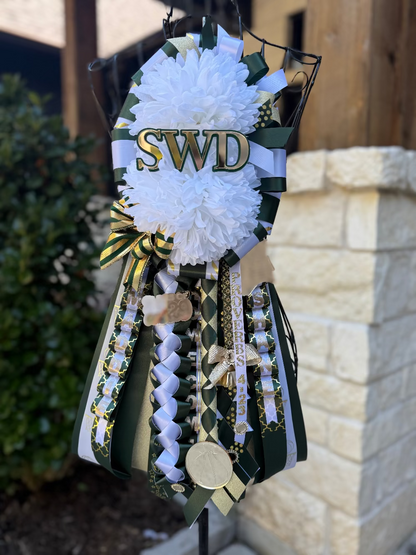 Double Garter, The Woodlands Christian Academy. Hunter green, gold and white ribbon.