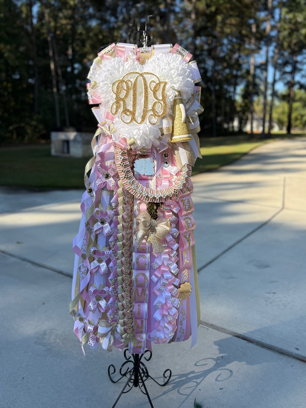 Triple Homecoming Mum in soft pink, white and gold with custom monogram and braids