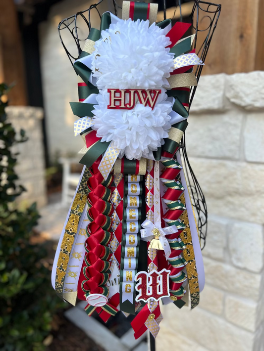 Double Garter, The Woodlands High School.  Red, Hunter Green, White and Gold Ribbon.