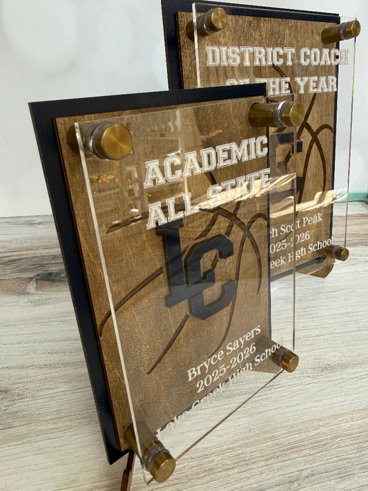 Academic All-State award with engraved text on a wooden base