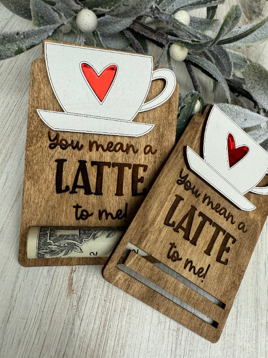 Engraved wooden cash holder with a tea cup and shiny inlay heart