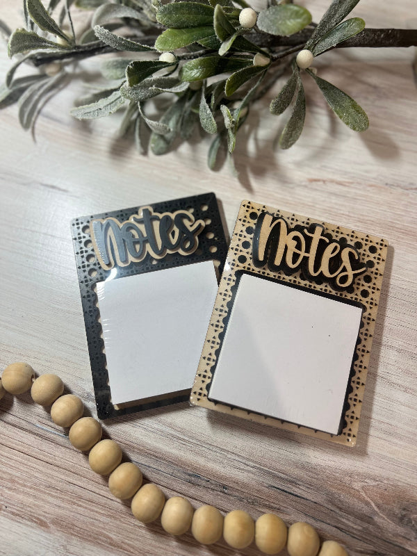 Sticky Note Holder laser cut with the wordd "Notes" across the top.