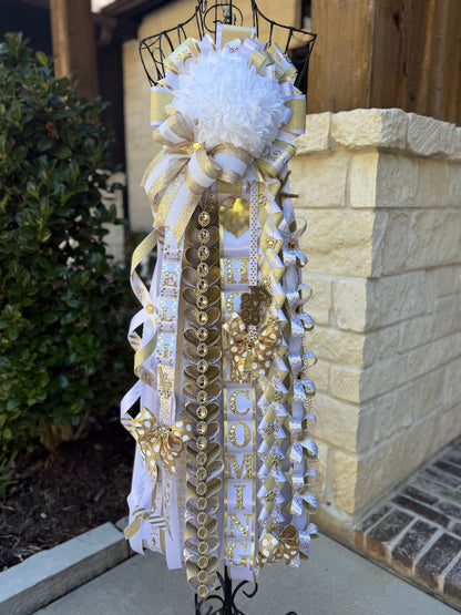 Single Homecoming Mum in gold and white.  Senior Mum