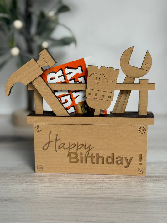 Wooden gift card holder with a toolbox design with happy birthday engraved across the front.